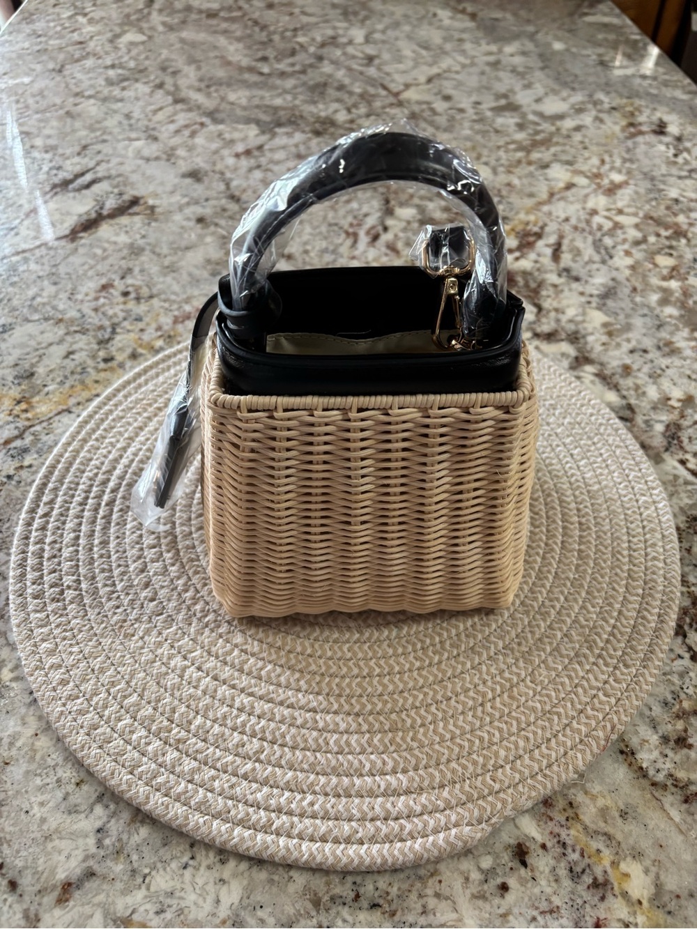 Loulu beige Wicker Mini Bag with Black Trim and Gold Accents - Picture 2 of 6